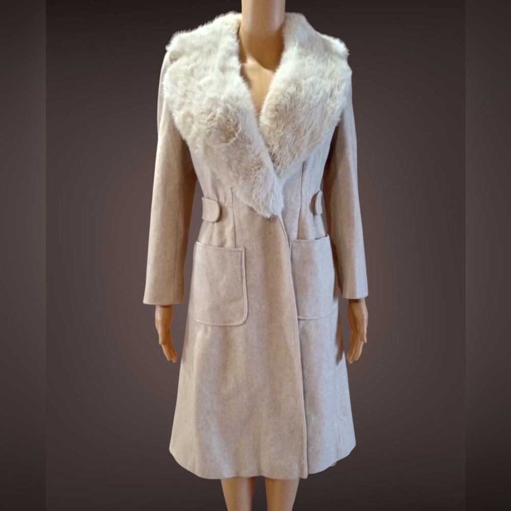 Vintage 70s Meri K Oatmeal Wool Coat Luxe Fox Fur Collar Belt S XS